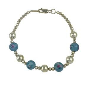 Floral Art Blue Glass Beaded Bracelet | Sterling Silver 925 | 7.5"